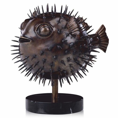 Casa Padrino Luxus Bronze Figur Kugelfisch 36 cm - Deko Skulptur mit Marmorsockel