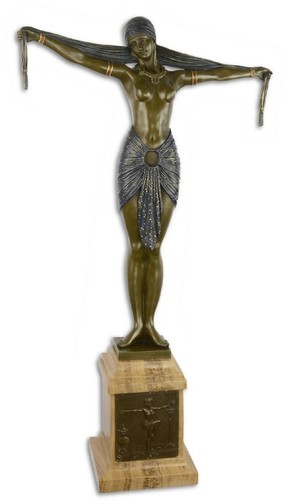 Casa Padrino Luxus Bronze Skulptur T�nzerin mit Schal Bronze / Blau / Beige 46,2 x 18,8 x H. 82,1 cm - Bronzefigur mit Marmorsockel - Dekofigur