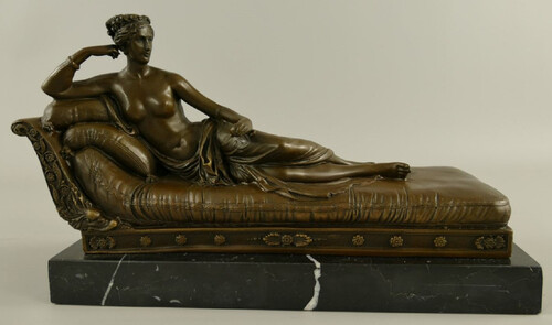Casa Padrino Luxus Jugendstil Bronze Skulptur Dame auf Barock Chaiselongue Bronze / Schwarz 32 x 13 x H. 20 cm - Bronze Figur mit Marmorsockel - Schreibtisch Deko Accessoires