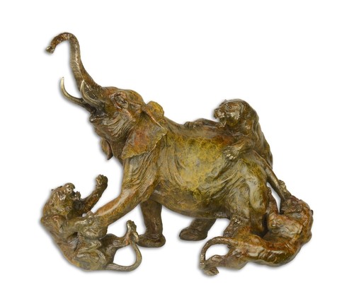 Casa Padrino Luxus Bronzefigur Elefant von L�wen angegriffen 21 x 37,8 x H. 34,1cm - Bronze Skulptur - Dekofigur - Deko Accessoires