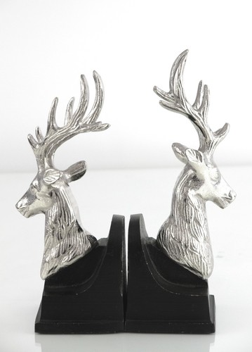 Casa Padrino Luxus Buchst�tzen Set Hirsche Messing vernickelt auf Holzsockel - Buchst�tzen Set