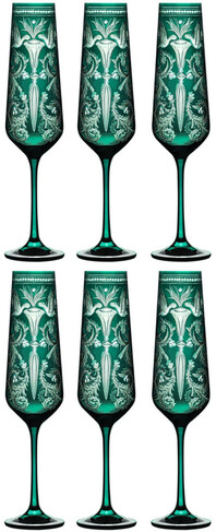 Casa Padrino Luxus Champagnerglas 6er Set Gr�n / Silber  6,5 x H. 26,5 cm - Handgefertigte und handgravierte Champagnergl�ser - Hotel & Restaurant Accessoires - Luxus Qualit�t