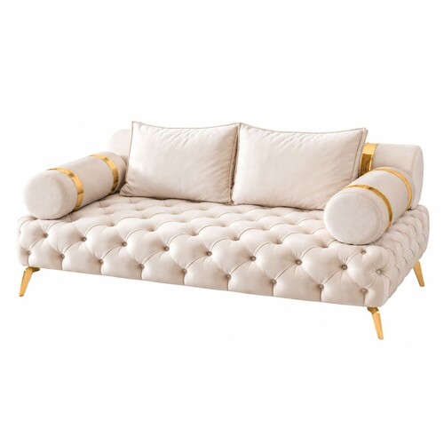 Casa Padrino Luxus Chesterfield 2er Sofa Creme / Gold 190 cm - Wohnzimmer M�bel