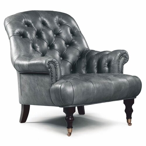Casa Padrino Luxus Chesterfield Echtleder Sessel Grau / Dunkelbraun / Messing H. 89 cm