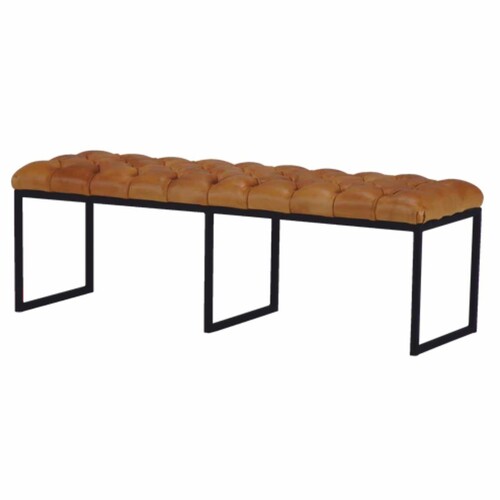 Casa Padrino Luxus Chesterfield Echtleder Sitzbank Hellbraun / Schwarz 130 cm - Echtleder Mbel