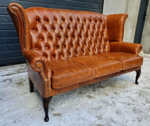 Casa Padrino Luxus Chesterfield Echtleder Hochlehn Ohrensofa Vintage Braun / Dunkelbraun 183 cm - Echtleder M�bel