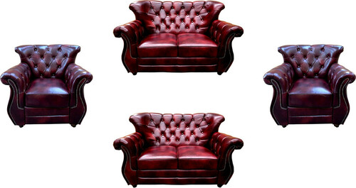 Casa Padrino Luxus Chesterfield Echtleder Wohnzimmer Set Bordeauxrot / Braun / Silber - 2 Leder Sofas & 2 Leder Sessel - Wohnzimmer M�bel - Chesterfield M�bel