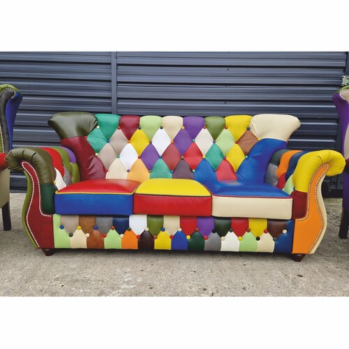 Casa Padrino Luxus Chesterfield Leder 3er Sofa Bunt / Dunkelbraun 200 cm - Patchwork Echtleder M�bel