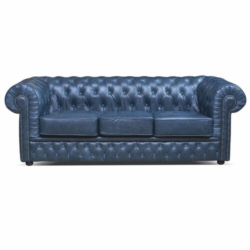 Casa Padrino Luxus Chesterfield Leder Sofa Vintage Blau / Schwarz 224 cm - Echtleder M�bel