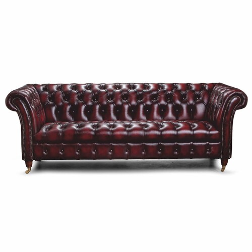 Casa Padrino Luxus Chesterfield Leder 3er Sofa Dunkelweinrot / Messing 235 cm - Echtleder M�bel