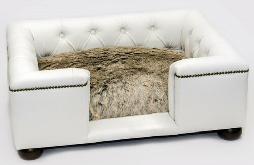 Casa Padrino Luxus Chesterfield Leder Hundebett Wei� / Schwarz / Braun 95 x 75 x H. 37 cm - Rechteckiges Echtleder Hundebett - Luxus Chesterfield Leder Tierm�bel