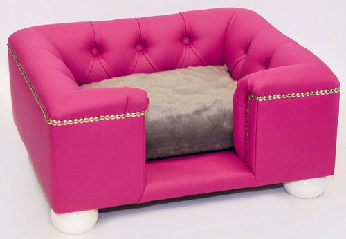 Casa Padrino Luxus Chesterfield Leder Hundebett Pink / Wei� / Grau 80 x 65 x H. 37 cm - Rechteckiges Echtleder Hundebett - Chesterfield Tierm�bel - Luxus Tierm�bel - Leder Tierm�bel - Hundem�bel