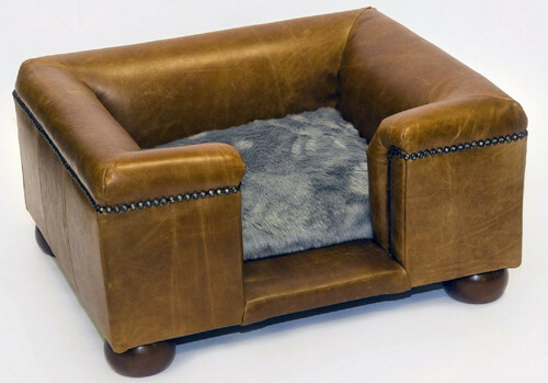 Casa Padrino Luxus Leder Hundebett Vintage Braun / Dunkelbraun / Grau 65 x 55 x H. 31 cm - Rechteckiges Echtleder Hundebett - Luxus Echtleder Tierm�bel