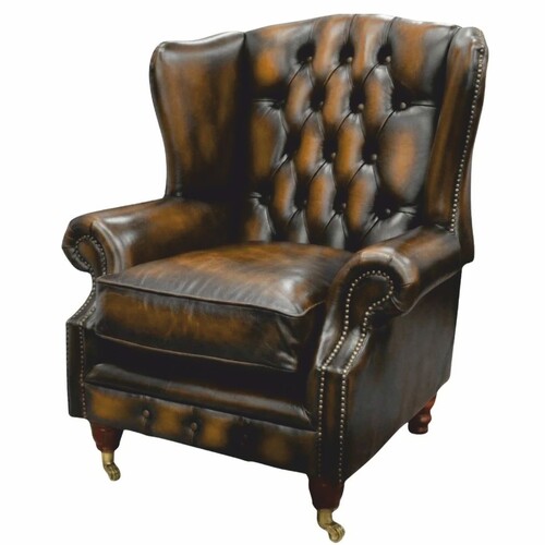 Casa Padrino Luxus Chesterfield Leder Ohrensessel Antik Braun / Dunkelbraun / Messing H. 106,5 cm - Echtleder M�bel