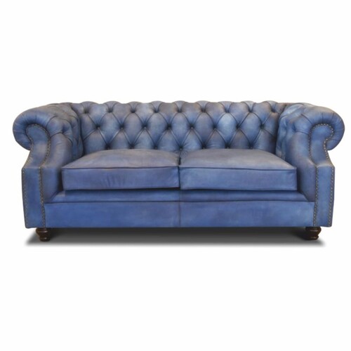 Casa Padrino Luxus Chesterfield Leder Sofa Vintage Hellblau / Dunkelbraun 200 cm