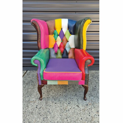 Casa Padrino Luxus Chesterfield Ohrensessel Bunt / Dunkelbraun - Patchwork Echtleder M�bel