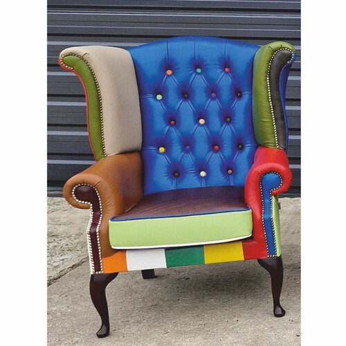 Casa Padrino Luxus Chesterfield Ohrensessel Blau / Bunt / Dunkelbraun - Patchwork Echtleder M�bel