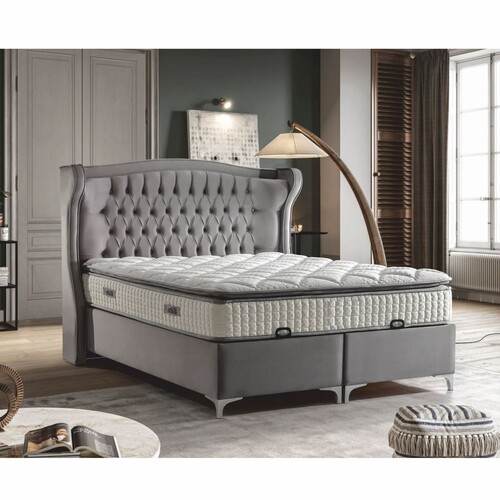 Casa Padrino Luxus Chesterfield Samt Doppelbett mit Matratze Grau / Silber - Verschiedene Gr��en