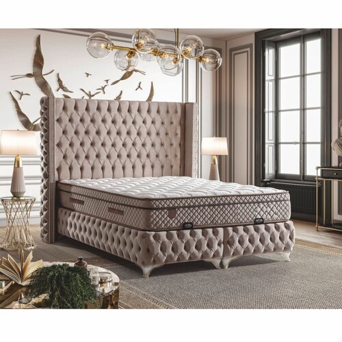 Casa Padrino Luxus Chesterfield Samt Doppelbett mit Matratze Greige / Wei� / Gold - Verschiedene Gr��en