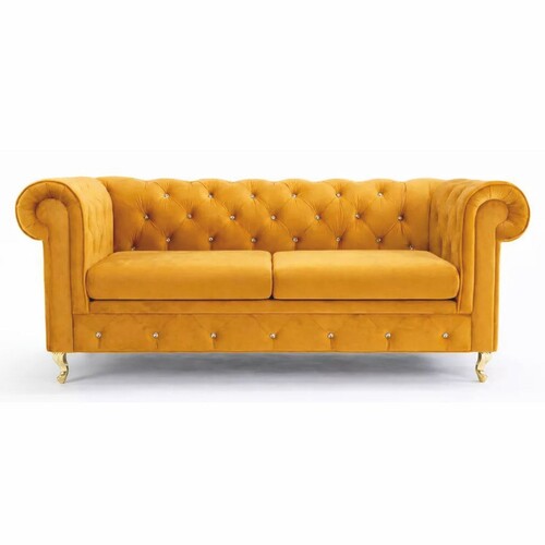 Casa Padrino Chesterfield Schlafsofa Gelb / Gold 212 cm - Wohnzimmer M�bel
