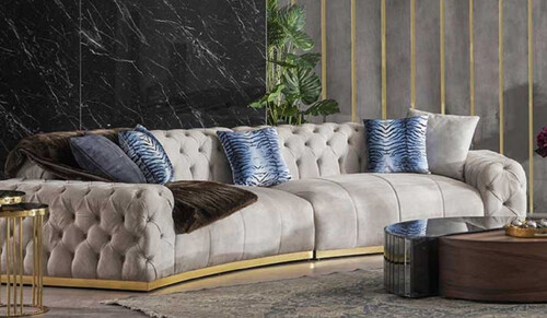 Casa Padrino Luxus Chesterfield Sofa Grau / Gold 380 x 100 x H. 72 cm - Gebogenes Wohnzimmer Sofa - Hotel Sofa - Wohnzimmer M�bel - Chesterfield M�bel - Luxus M�bel - Luxus Einrichtung