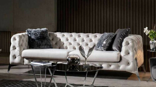 Casa Padrino Luxus Chesterfield Sofa Wei� / Silber 240 x 100 x H. 72 cm - Wohnzimmer Sofa - Chesterfield Wohnzimmer M�bel
