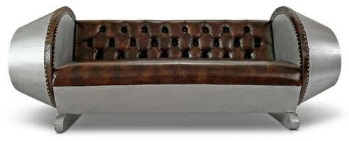 Casa Padrino Chesterfield Leder Sofa Silber / Braun 240 x 82 x H. 91 cm - Echtleder Wohnzimmer Sofa - Flugzeug M�bel - Flieger M�bel - Chesterfield M�bel - Wohnzimmer M�bel - Echtleder M�bel