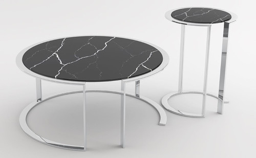 Casa Padrino Luxus Wohnzimmer Set Silber / Schwarz - 1 Couchtisch mit Marmorplatte & 1 Beistelltisch mit Marmorplatte - Wohnzimmerm�bel - Luxus Qualit�t