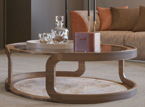 Casa Padrino Luxus Couchtisch Braun / Beige  120 x H. 40 cm - Runder Massivholz Wohnzimmertisch mit Glasplatte und Marmorplatte - Wohnzimmer M�bel - Hotel M�bel - Luxus M�bel - Luxus Einrichtung