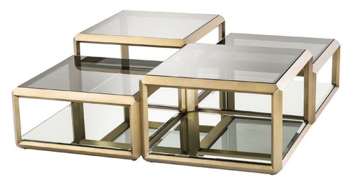 Casa Padrino Luxus Couchtisch Messingfarben 75 x 75 x H. 48 cm - Edelstahl Wohnzimmertisch mit Glasplatten und Spiegelglas - Luxus Wohnzimmer M�bel