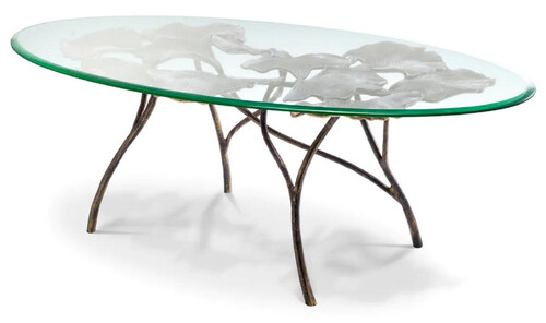 Casa Padrino Luxus Couchtisch Vintage Messing 130 x 70 x H. 46 cm - Ovaler Aluminium Wohnzimmertisch mit Glasplatte - Luxus M�bel - Wohnzimmer M�bel - Luxus Einrichtung