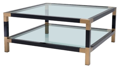 Casa Padrino Luxus Couchtisch Schwarz / Messing 100 x 100 x H. 45 cm - Wohnzimmertisch mit Glasplatten - Luxus M�bel