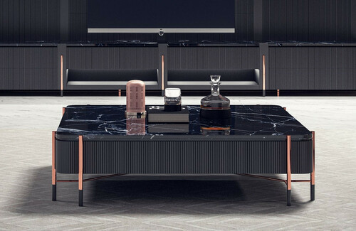 Casa Padrino Luxus Couchtisch Schwarz / Matt Schwarz / Kupfer 124 x 124 x H. 35 cm - Quadratischer Wohnzimmertisch mit Marmorplatte - Wohnzimmer M�bel - Hotel M�bel - Luxus M�bel