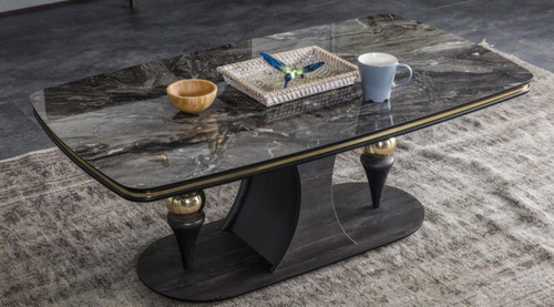 Casa Padrino Luxus Art Deco Couchtisch Schwarz / Grau / Messingfarben 120 x 70 x H. 46 cm - Rechteckiger Wohnzimmertisch mit Glasplatte in Marmoroptik - M�bel