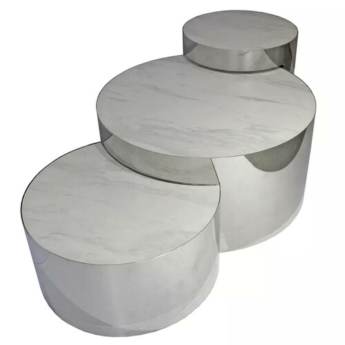 Casa Padrino Luxus Couchtisch Set Silber / Wei� 130 x 80 x H. 50 cm - 3 Runde Wohnzimmertische mit Porzellanplatten