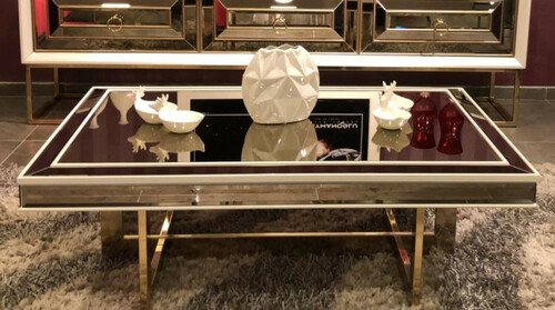 Casa Padrino Luxus Couchtisch Wei� / Gold 120 x 80 x H. 43 cm - Wohnzimmertisch mit Glasplatte und Spiegelglas - Luxus Wohnzimmer M�bel