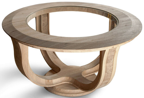 Casa Padrino Luxus Massivholz Couchtisch Naturfarben  73 x H. 43 cm - Runder Eichenholz Wohnzimmertisch mit Glasplatte - Massivholz Wohnzimmer M�bel