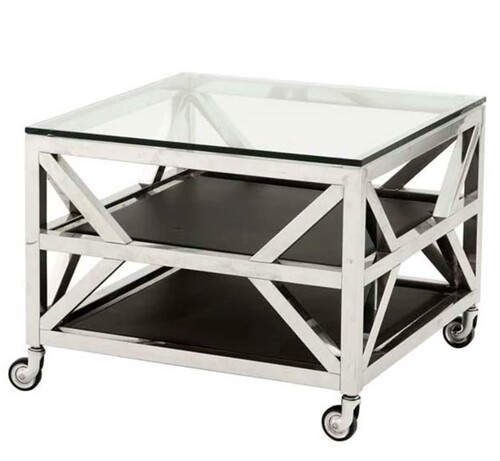 Casa Padrino Luxus Couchtisch auf Rollen Silber / Schwarz 65 x 65 x H. 50 cm - Edelstahl Wohnzimmertisch mit Glasplatte