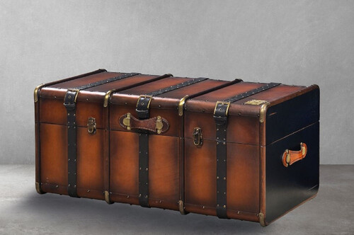 Casa Padrino Luxus Couchtisch in Koffer Optik Braun / Messing 110 x 59 x H. 51 cm - Koffer Wohnzimmertisch mit Stauraum - Wohnzimmer M�bel - Luxus M�bel in Koffer Optik - Luxus Kollektion