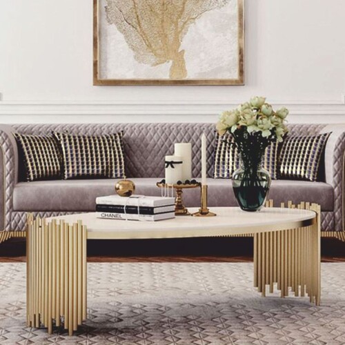 Casa Padrino Luxus Couchtisch mit Kunstmarmor Tischplatte Wei� / Gold  101 cm - Luxus M�bel