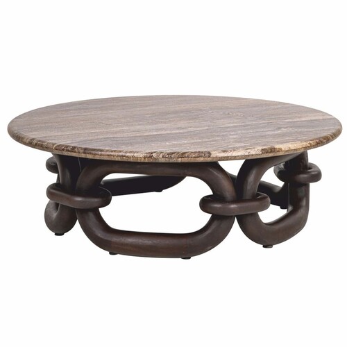 Casa Padrino Luxus Couchtisch mit Travertin Tischplatte Braun / Dunkelbraun  110 cm