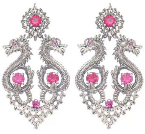 Casa Padrino Luxus Damen Ohrringe Drachen Silber / Rot - Elegante handgefertigte Sterlingsilber Ohrringe mit Edelsteinen - Handgefertigter Luxus Damenschmuck