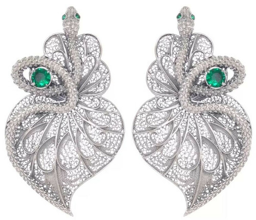 Casa Padrino Luxus Damen Ohrringe Schlange Silber / Gr�n - Elegante handgefertigte Sterlingsilber Ohrringe mit Edelsteinen - Luxus Damenschmuck