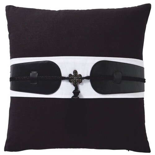 Casa Padrino Luxus Deko Baumwoll Kissen mit Leder Applikationen Schwarz / Wei� 50 x 50 cm