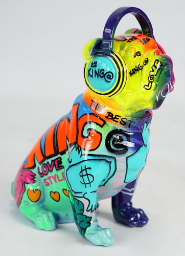 Casa Padrino Luxus Designer Deko Figur Hund Bulldogge mit Kopfh�rer Bunt H. 32 cm - Kunstharz Deko Skulptur - Wohnzimmer Deko - Schreibtisch Deko - Luxus Deko Tierfigur