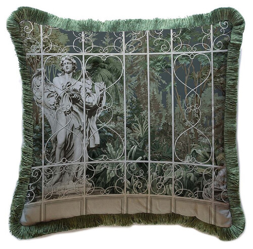 Casa Padrino Luxus Barock Deko Kissen Skulptur Grau / Braun / Gr�n 45 x 45 cm - Bedrucktes Samt Kissen mit Fransen - Luxus Barock Deko Accessoires