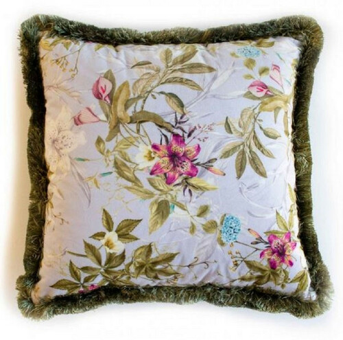Casa Padrino Luxus Deko Kissen Blumen Design Grau / Mehrfarbig / Gr�n 45 x 45 cm - Bedrucktes Samt Kissen mit Fransen - Deko Accessoires