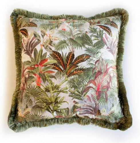 Casa Padrino Luxus Deko Kissen Dschungel Design Mehrfarbig / Gr�n 45 x 45 cm - Bedrucktes Samt Kissen mit Fransen - Deko Accessoires