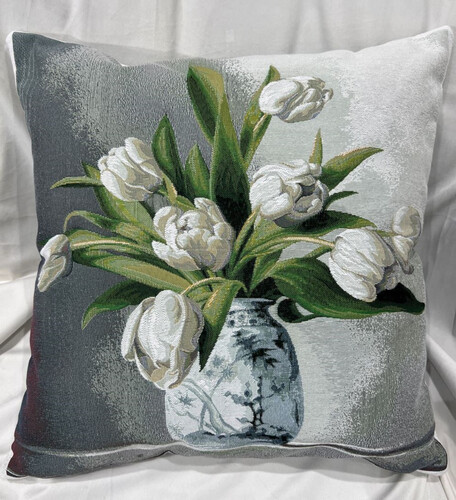 Casa Padrino Luxus Deko Kissen Blumen mit Vase Grau / Wei� / Mehrfarbig 45 x 45 cm - Bedrucktes Zierkissen mit edlem Gobelin Stoff - Luxus Deko Accessoires