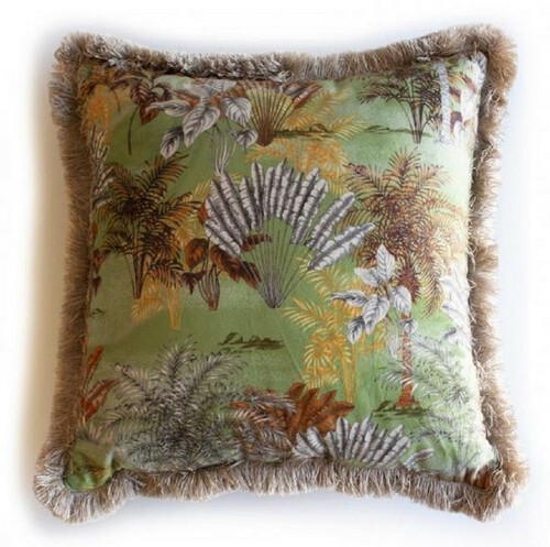 Casa Padrino Luxus Deko Kissen Dschungel Design Gr�n / Mehrfarbig / Braun 45 x 45 cm - Bedrucktes Samt Kissen mit Fransen - Deko Accessoires